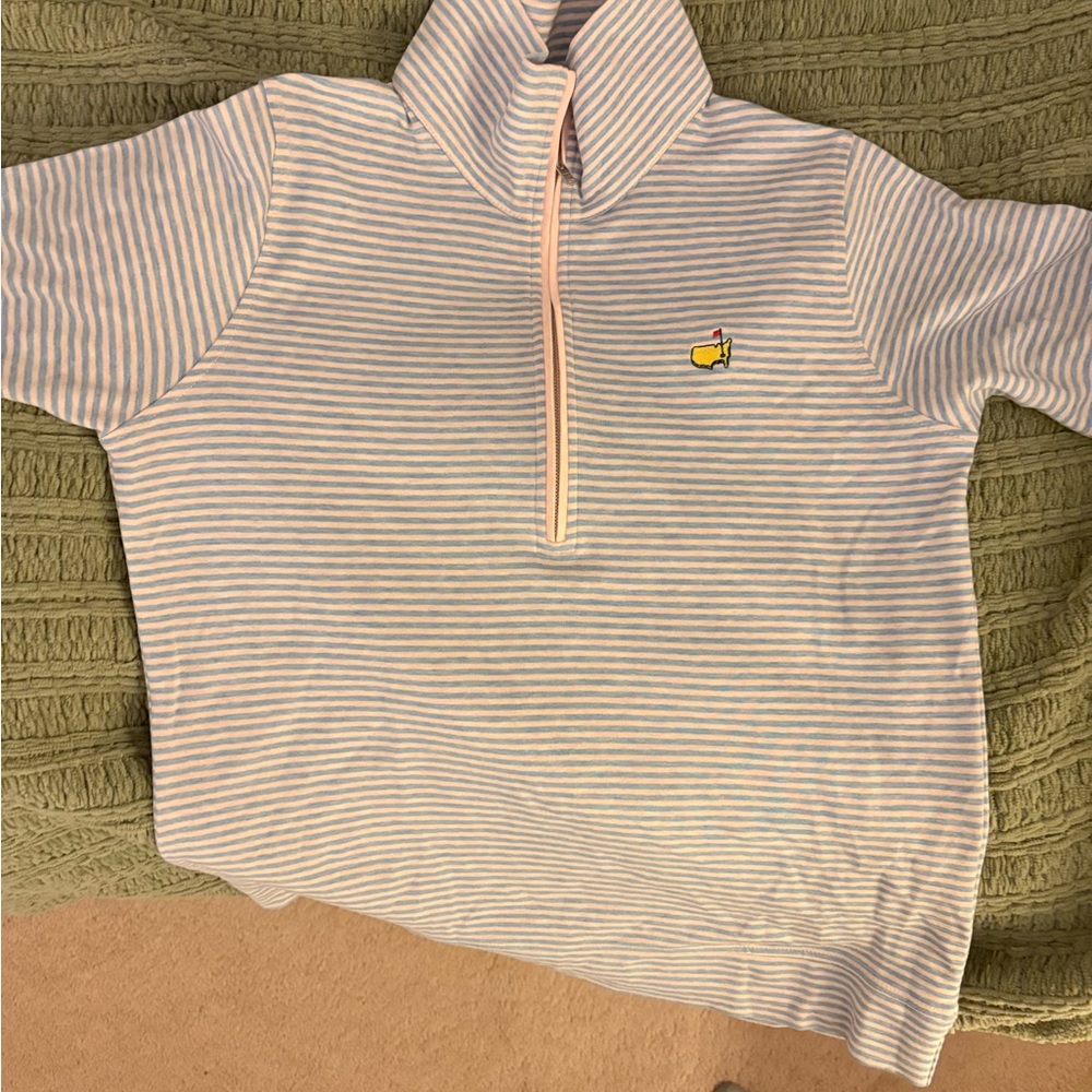Masters Magnolia Pink & White Striped Half-Zip Pullover with Yellow Whale Emblem